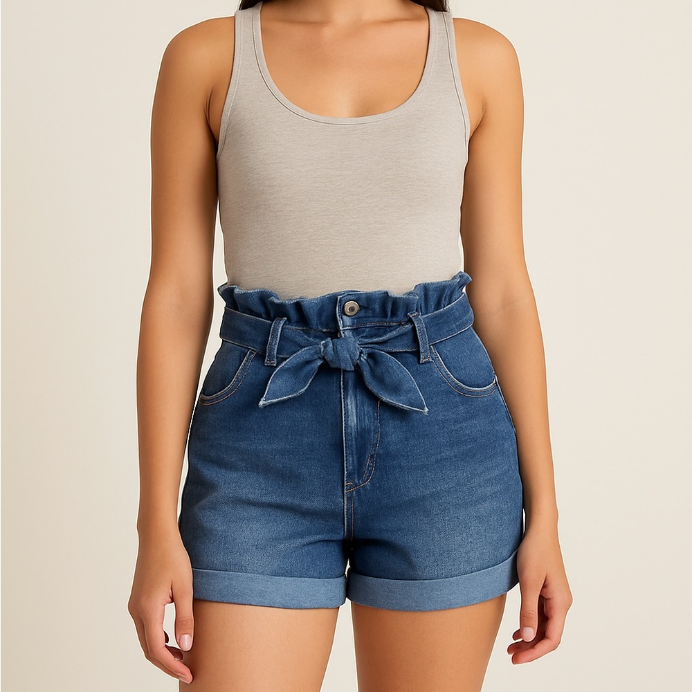 Blue Spice Paperbag Waist Denim Shorts Women’s Size 0 High Rise Tie Belt